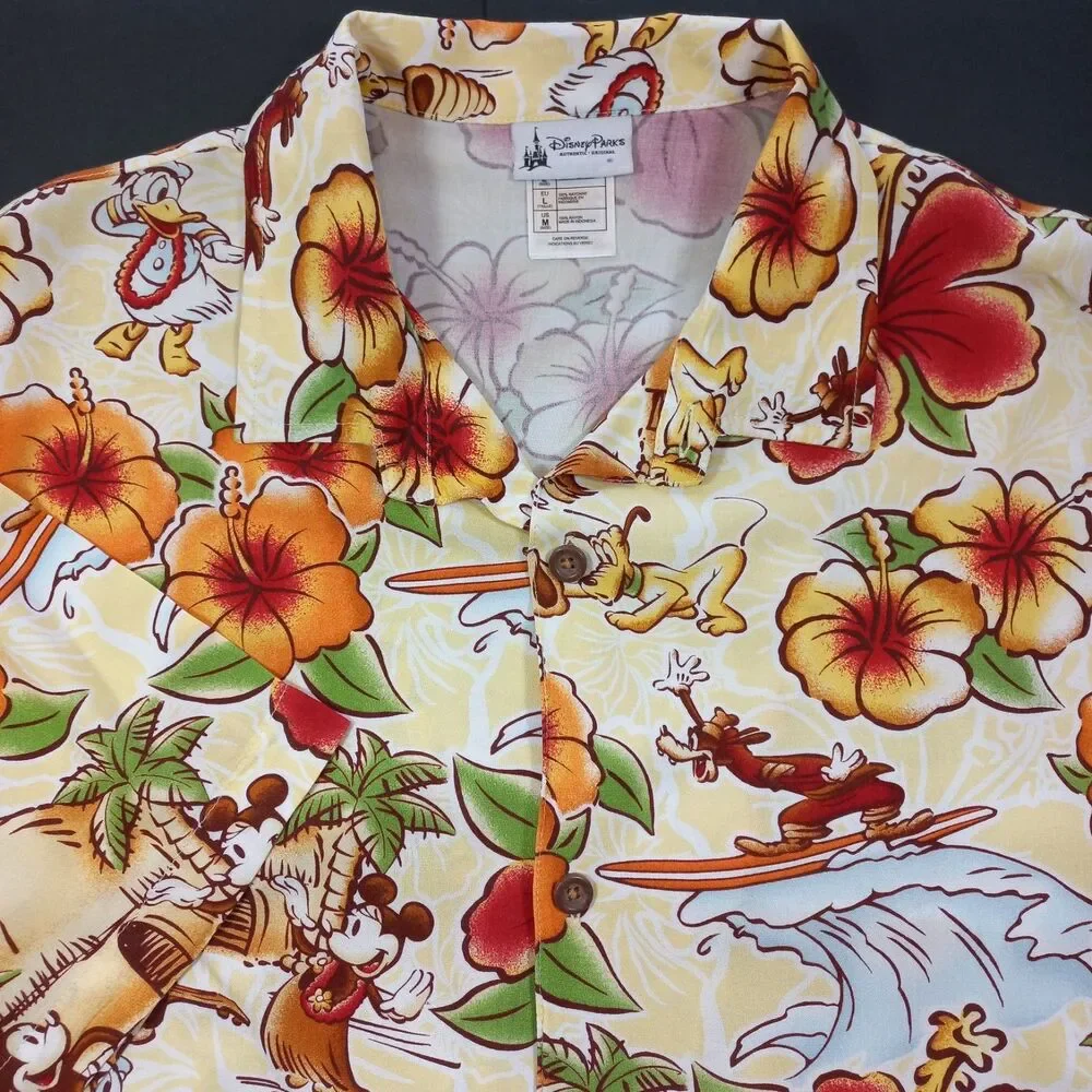 Disney Parks Hawaiian Shirt Mens Medium M Mickey Goofy Surfing Rayon Aloha